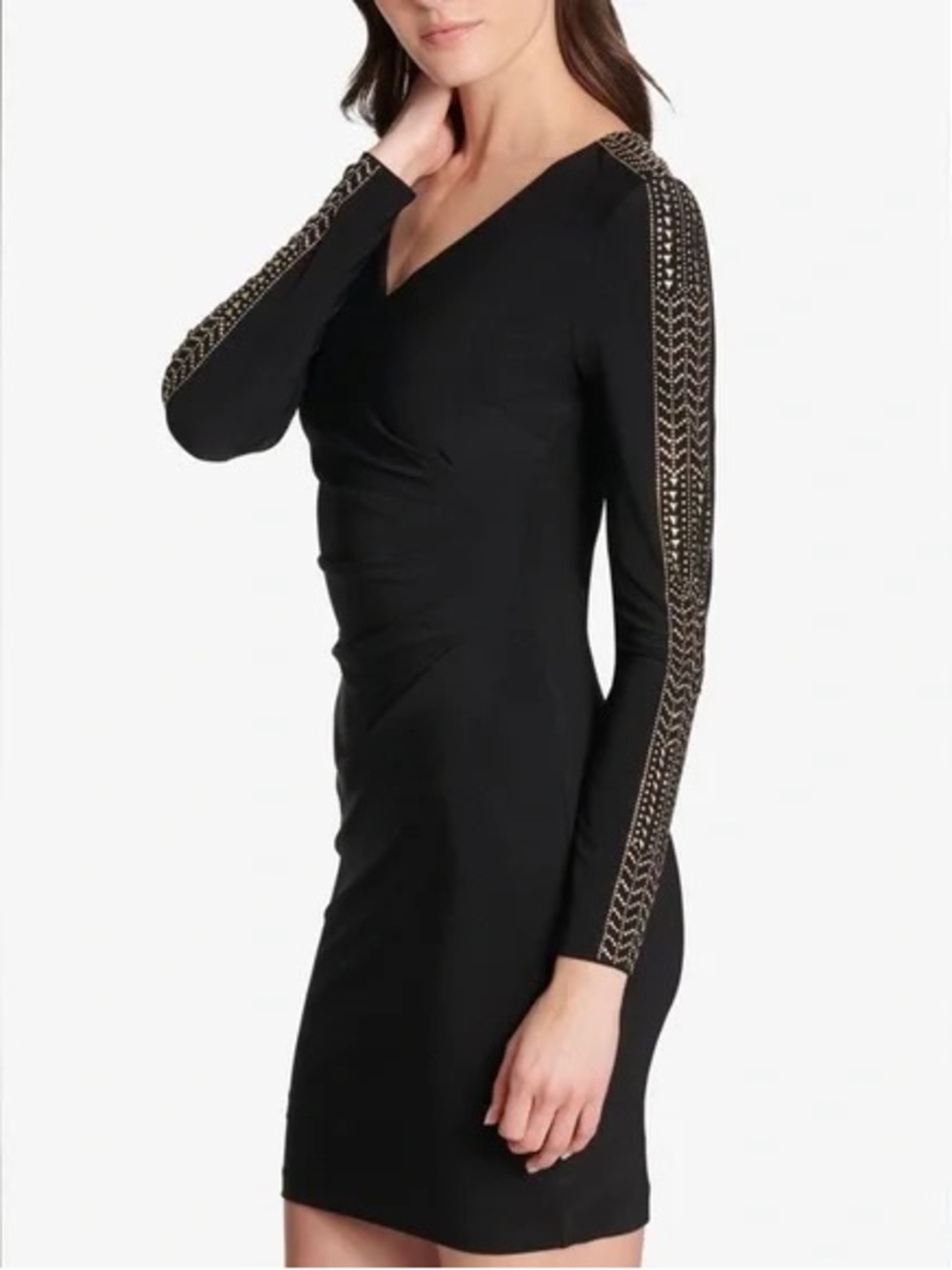 GUESS Studded Ruched Sheath Dress Black V-Neck Long Sleeve size 4